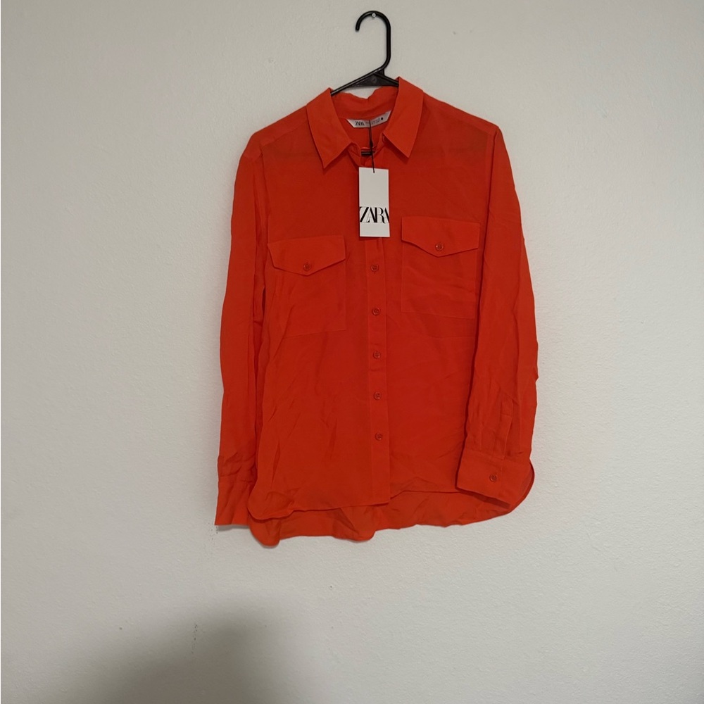 Zara Button-Front Long-Sleeve Blouse - Orange - Picture 2 of 7